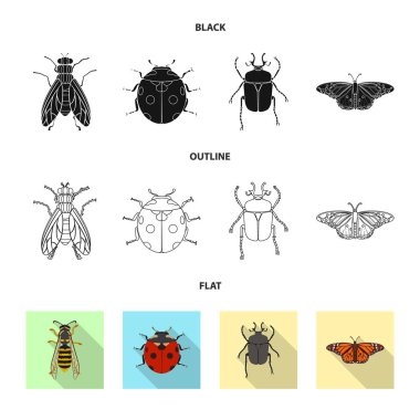 Böcek ve sinek logosu yalıtılmış nesne. Hisse senedi için böcek ve öğe vektör simge kümesi.