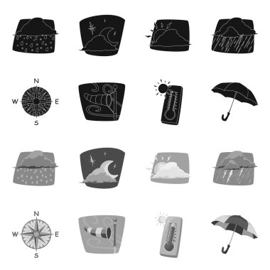 Hava ve iklim işareti yalıtılmış nesne. Hisse senedi için hava ve bulut vektör simge topluluğu.