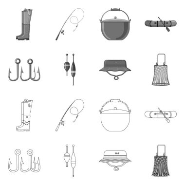 Balık ve balık tutma işareti vektör çizimi. Web için balık ve ekipman hisse senedi simgesi kümesi.