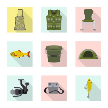 Balık ve balık tutma işareti izole nesne. Balık ve ekipman hisse senedi simgesi için web topluluğu.