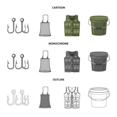 Balık ve balık tutma işareti vektör tasarımı. Balık kümesi ve hisse senedi için ekipman vektör simgesi.