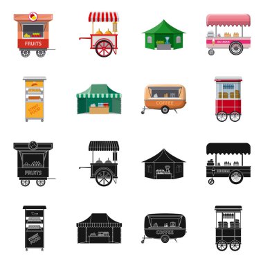 Piyasa ve dış simge vektör tasarımı. Market ve gıda hisse senedi vektör çizim seti.