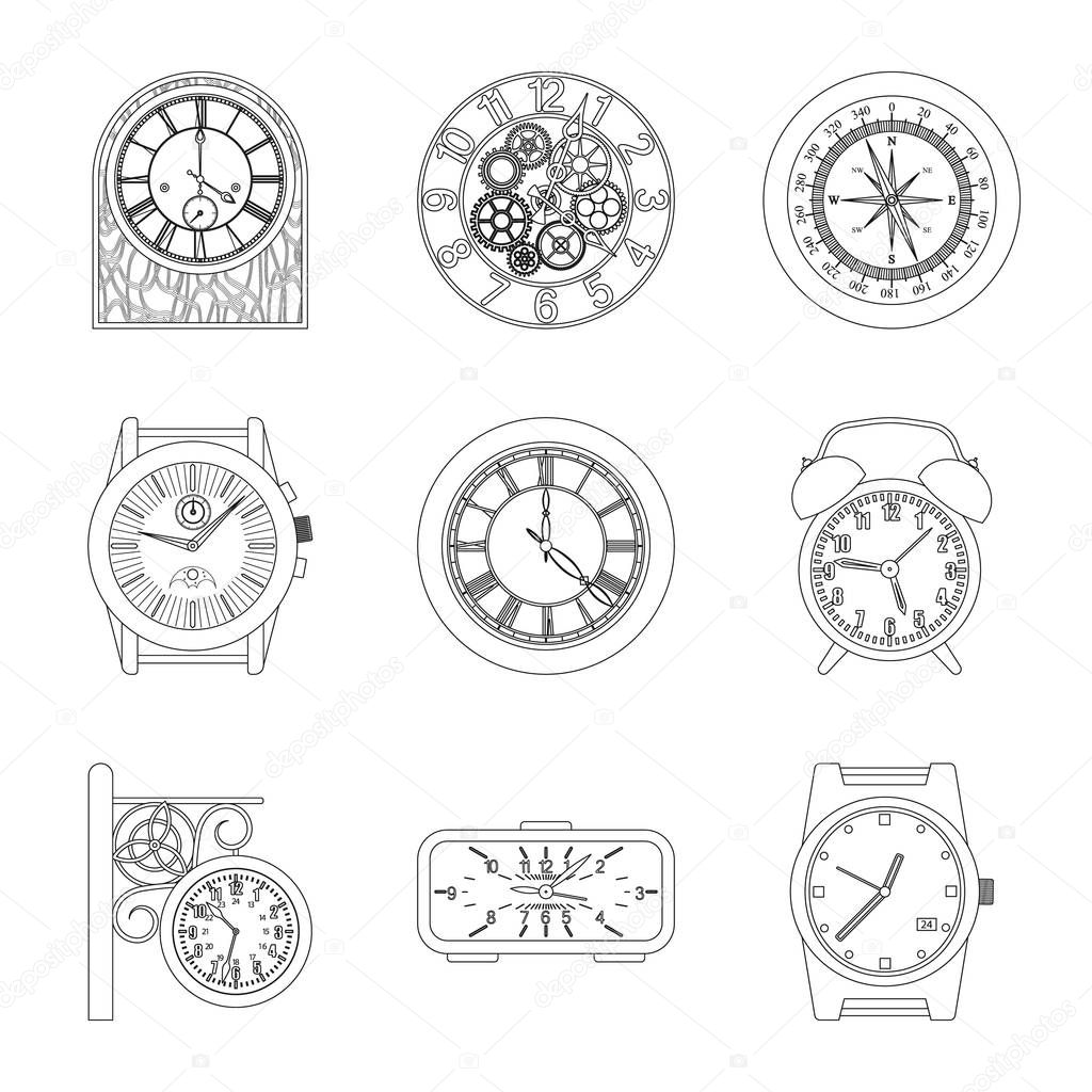 Vector illustration of clock and time logo. Set of clock and circle vector icon for stock.