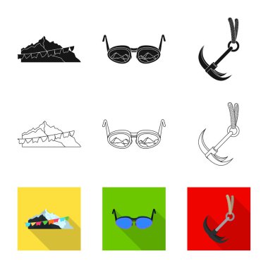 Dağcılık ve tepe simge vektör çizimi. Dağcılık ve kamp set vektör simge stok için.