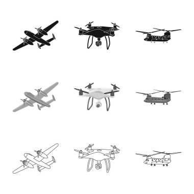 Uçak ve taşıma sembolü yalıtılmış nesne. Hisse senedi için uçak ve gökyüzü vektör simge topluluğu.