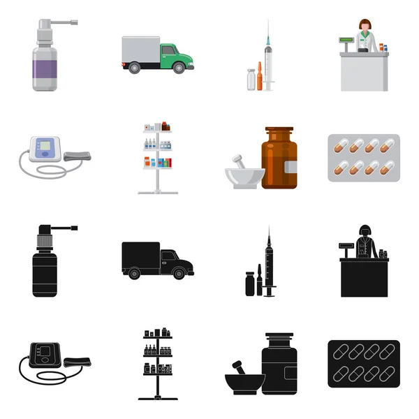 약국 및 병원 상징의 벡터 그림입니다. 웹에 대 한 약 학 및 비즈니스 주식 기호 모음. — 스톡 벡터
