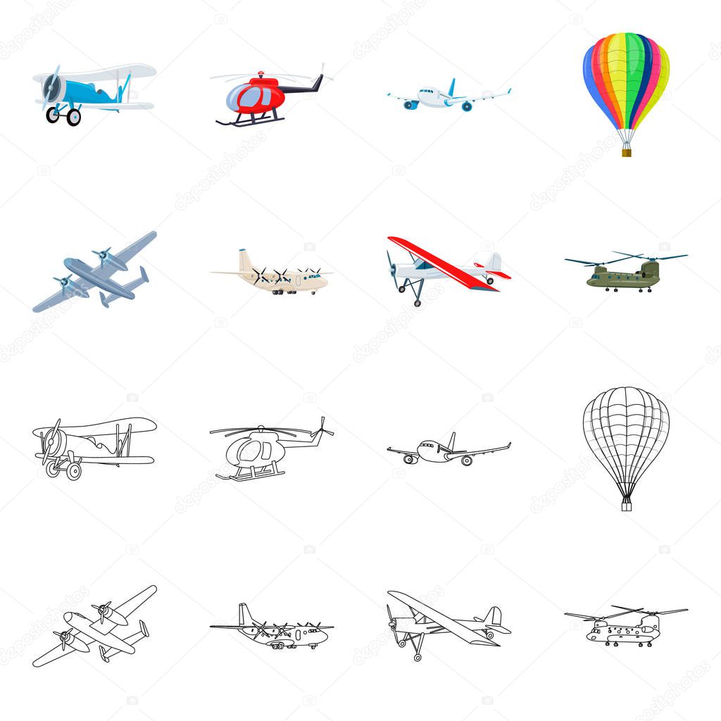 Vector illustration of plane and transport icon. Collection of plane and sky vector icon for stock.