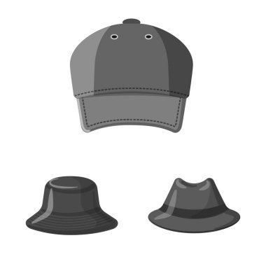 Şapkalar ve kap simge vektör tasarımı. Web için hisse senedi sembolü şapkalar ve aksesuar koleksiyonu.