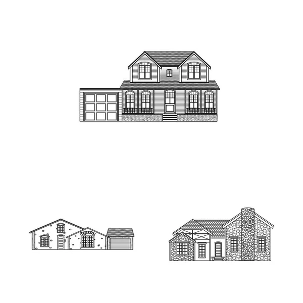 Изолированный объект здания и передний логотип. Набор векторных значков здания и крыши для склада . — стоковый вектор
