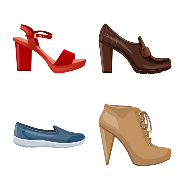 Vektor design av skodon och kvinna tecken. Insamling av skor och fot lager vektorillustration. — Stock vektor