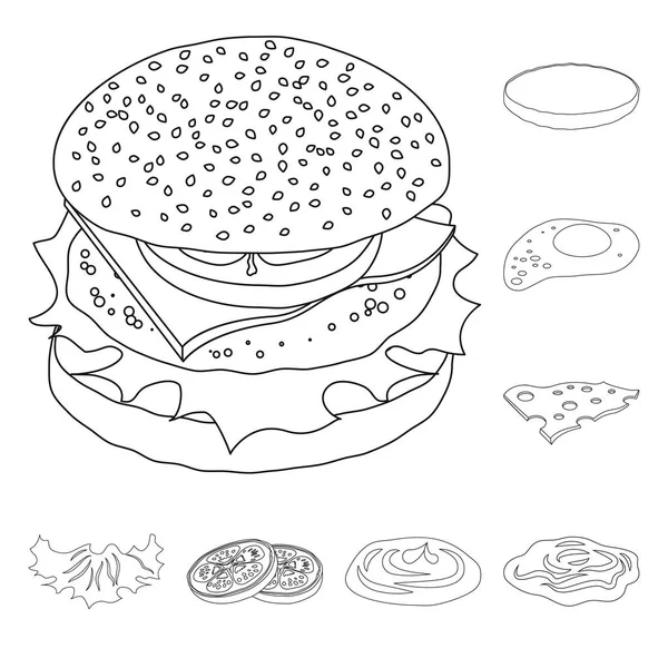 Isolerade objekt burger och sandwich-logotypen. Uppsättning av burgare och skiva lager vektorillustration. — Stock vektor