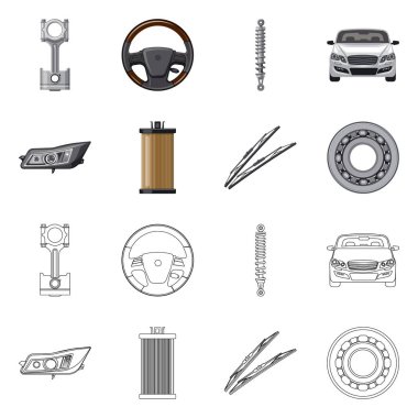 Auto illüstrasyon vektör ve işareti bölüm. Hisse senedi için oto, araba vektör simge kümesi.