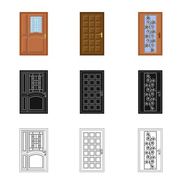 Kapı ve ön logo vektör Illustration. Kapı ve hisse senedi için ahşap vektör simge kümesi.