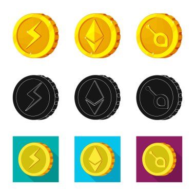 Cryptocurrency ve sikke simge yalıtılmış nesne. Cryptocurrency ve kripto hisse senedi vektör çizim koleksiyonu.