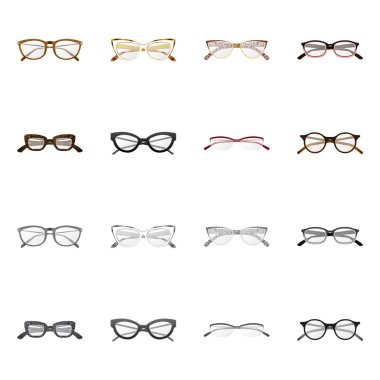 Gözlük ve çerçeve simge vektör tasarımı. Gözlük ve hisse senedi için aksesuar vektör ikon koleksiyonu.