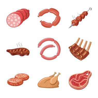 Vektör çizimi işareti eti ve jambon. Et ve web için hisse senedi simgesi yemek koleksiyonu.