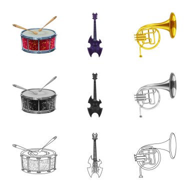 Müzik illüstrasyon vektör ve işareti ayarlamak. Müzik ve aracı hisse senedi vektör çizim topluluğu.