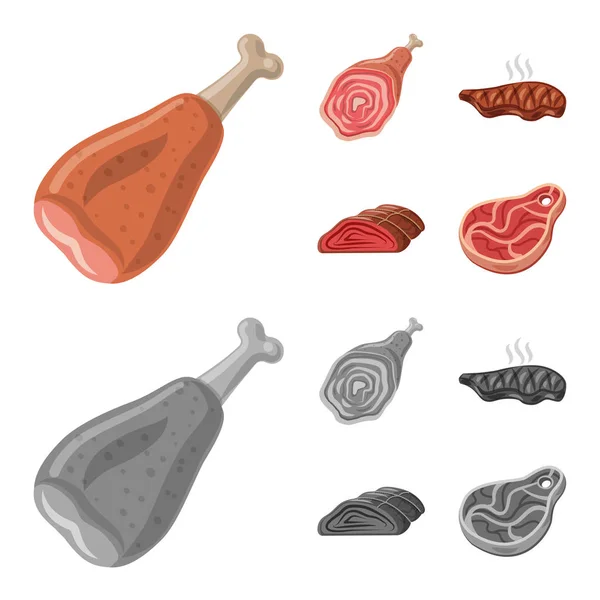 Geïsoleerde object van vlees en ham teken. Set van vlees en koken vector pictogram voor voorraad. — Stockvector
