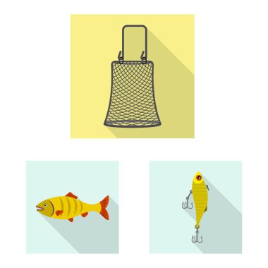 Balık ve balık tutma işareti izole nesne. Balık ve ekipman hisse senedi simgesi için web topluluğu.