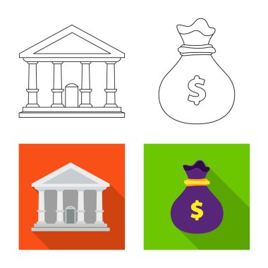 Banka ve para simgesinin vektör tasarımı. Web için banka ve bill hisse senedi simgesi kümesi.
