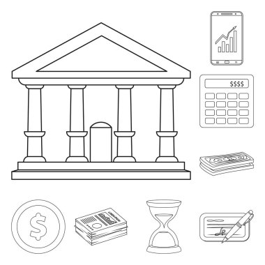 Banka ve para işareti vektör tasarımı. Web için banka ve bill hisse senedi simgesi kümesi.