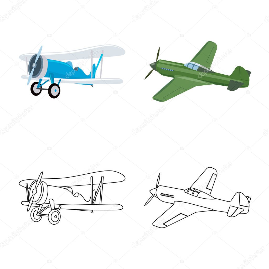 Vector illustration of plane and transport symbol. Set of plane and sky vector icon for stock.