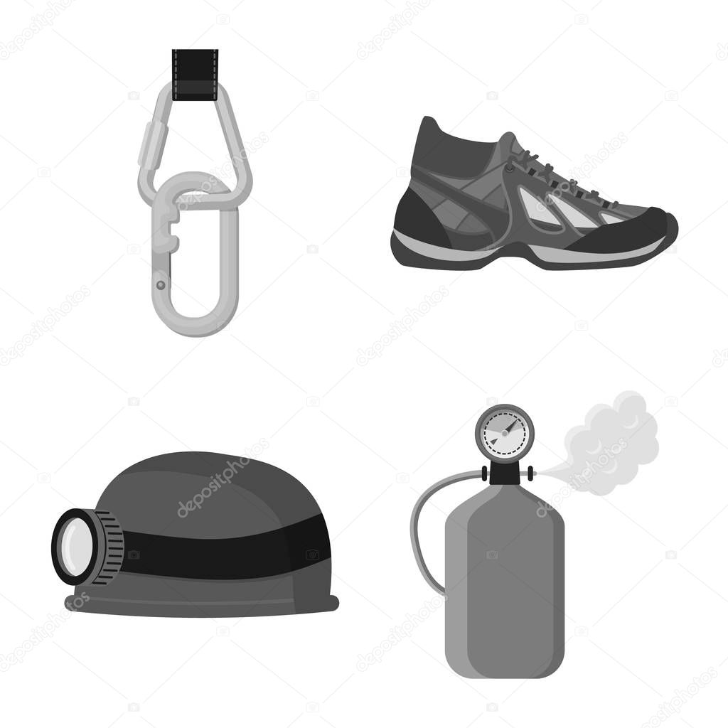 Vector illustration of mountaineering and peak sign. Set of mountaineering and camp stock vector illustration.