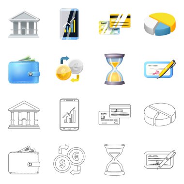 Banka ve para simgesinin vektör resmi. Hisse senedi için banka ve bill vektör simge topluluğu.