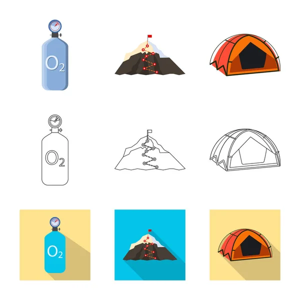 Diseño vectorial de montañismo y pico de señal. Conjunto de montañismo e ilustración de vectores de acampada . — Vector de stock