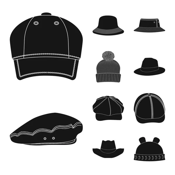 모자와 모자 로고의 고립 된 개체입니다. 웹에 대 한 헤드 기어와 액세서리 주식 기호 모음. — 스톡 벡터
