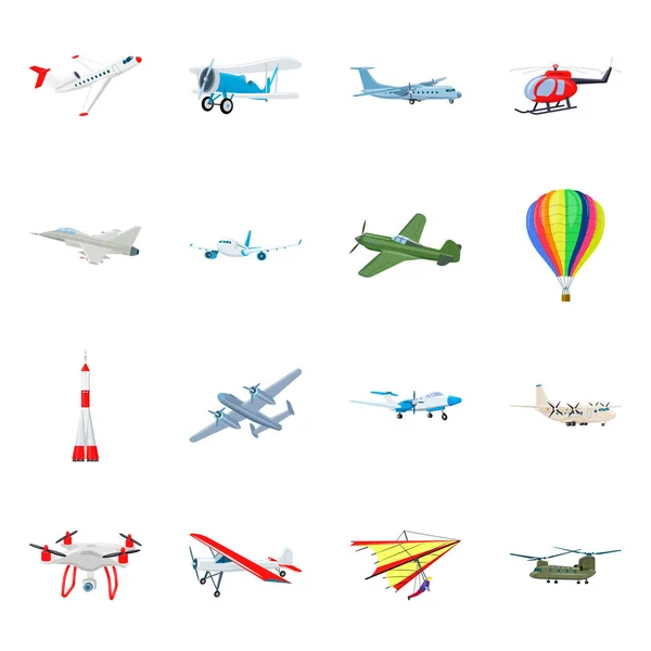 Vectorillustratie van vliegtuig en vervoer symbool. Set van vliegtuig en hemel aandelensymbool voor web. — Stockvector
