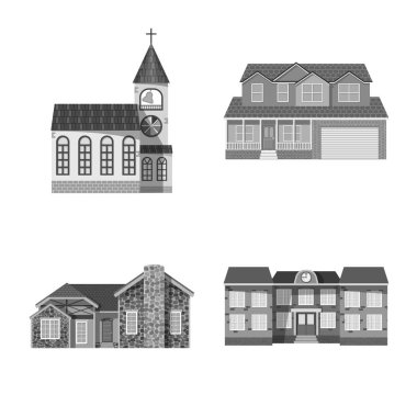 Vektör çizimi bina ve ön işareti. Web için bina ve çatı hisse senedi simgesi kümesi.