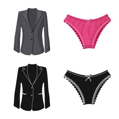 Kadın ve giyim işareti vektör çizimi. Kadın ayarla ve vektör simge stok giyim.