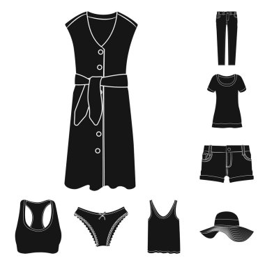 Kadın ve giyim simgesi yalıtılmış nesne. Hisse senedi için kadın ve aşınma vektör simge topluluğu.