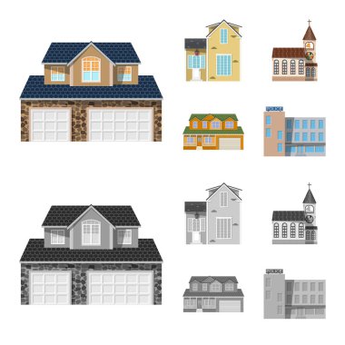 Vektör yapı tasarımı ve ön işareti. Bina ve çatı hisse senedi vektör çizim koleksiyonu.