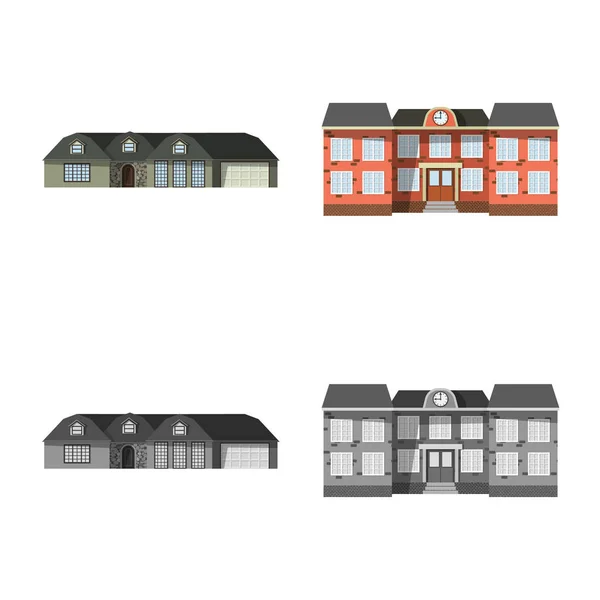 Vektorillustration des Gebäudes und des vorderen Logos. Sammlung von Vektor-Abbildungen für Gebäude und Dachbestände. — Stockvektor