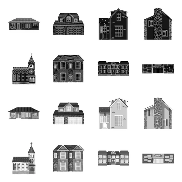 Vector εικονογράφηση του κτηρίου και μέτωπο σύμβολο. Συλλογή του κτιρίου και στέγης εικονίδιο του φορέα για το απόθεμα. — Διανυσματικό Αρχείο