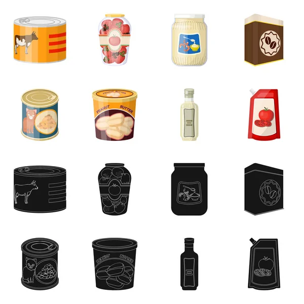 Diseño vectorial de lata y signo de comida. Conjunto de ilustración de vectores de latas y paquetes . — Archivo Imágenes Vectoriales