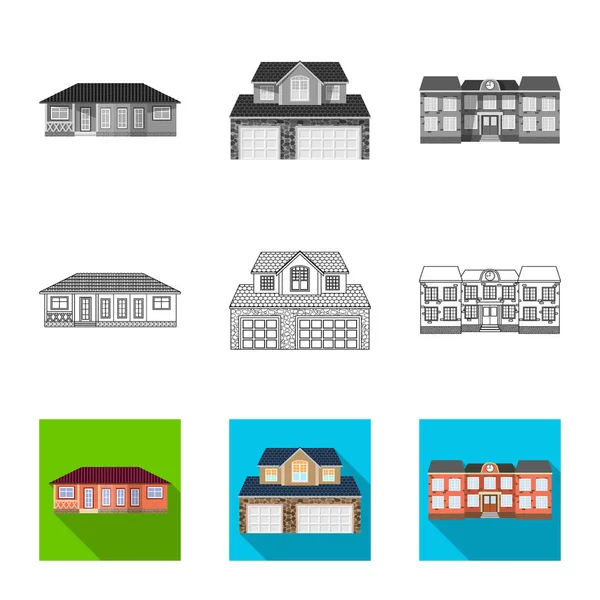 Vektorillustration des Gebäudes und des vorderen Symbols. Sammlung von Bau- und Dachvektorsymbolen für Aktien. — Stockvektor