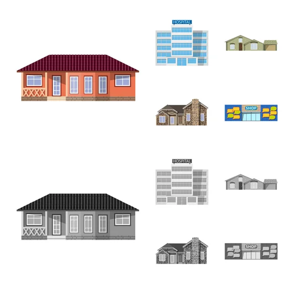 Vektorillustration des Gebäudes und des vorderen Schildes. Set von Vektor-Abbildungen für Gebäude und Dach. — Stockvektor