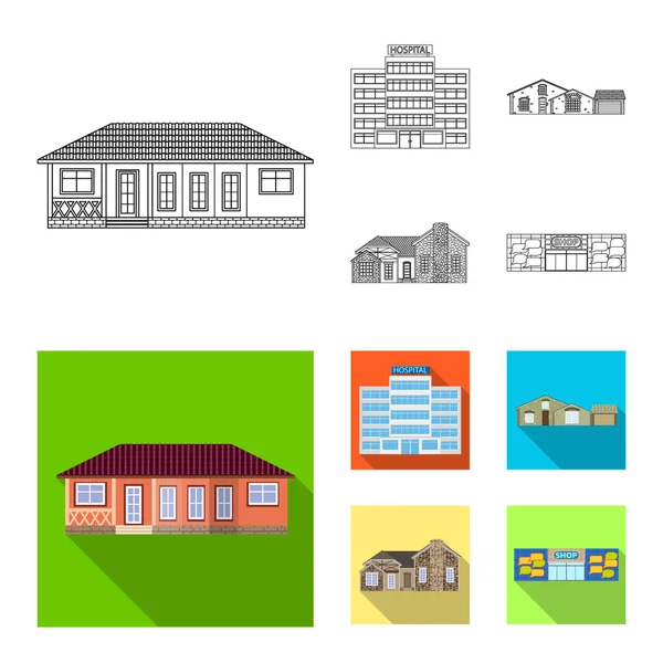 Conception vectorielle du bâtiment et panneau avant. Ensemble d'icône vectorielle de bâtiment et de toit pour stock . — Image vectorielle