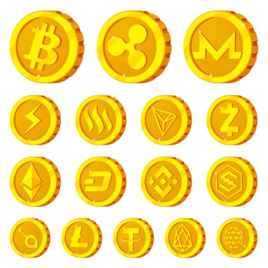 Cryptocurrency ve para logo vektör Illustration. Cryptocurrency ve hisse senedi için kripto vektör ikon koleksiyonu.
