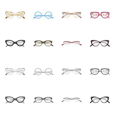 Gözlük ve çerçeve logo vektör Illustration. Gözlük ve hisse senedi için aksesuar vektör simge kümesi.