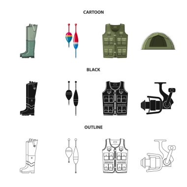 Balık ve balık tutma işareti izole nesne. Balık kümesi ve hisse senedi için ekipman vektör simgesi.