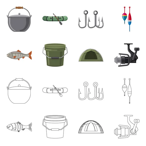 Objeto isolado de peixe e sinal de pesca. Coleta de peixes e equipamentos ilustração vetor estoque . — Vetor de Stock