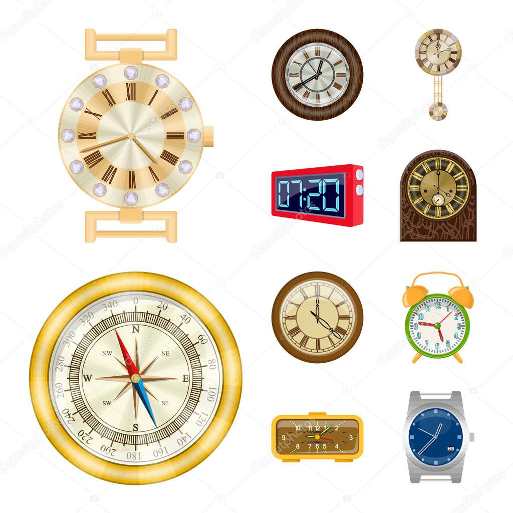 Vector illustration of clock and time symbol. Set of clock and circle vector icon for stock.