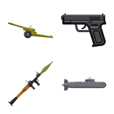 Silah ve silah işareti illüstrasyon vektör. Silah ve ordu hisse senedi vektör çizim seti.