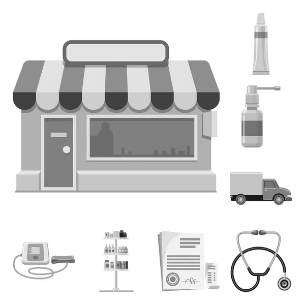 Vector ontwerp van apotheek en ziekenhuis symbool. Set van apotheek en business vector pictogram voor voorraad. — Stockvector