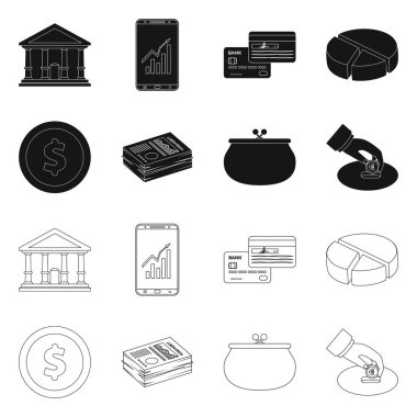 Banka ve para simgesinin vektör tasarımı. Hisse senedi için banka ve bill vektör simge topluluğu.