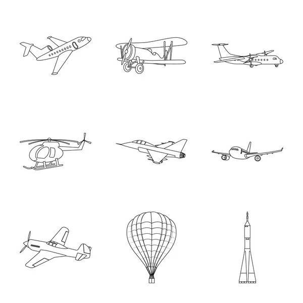 Objeto isolado de avião e símbolo de transporte. Coleção de plano e céu estoque vetor ilustração . — Vetor de Stock